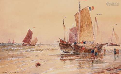 Thomas Bush Hardy R.B.A. (1842-1897)Dutch fishing smacks on the shore with boats at seaSigned and