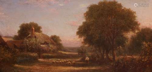 English School 19th CenturyA shepherd and sheep in a landscape at duskOil on canvas30 x 61cm; 12 x