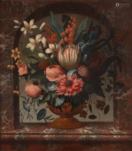 A. Verkyk (Dutch 18th Century)A still life of lilies and flowers in a vase, on a marble