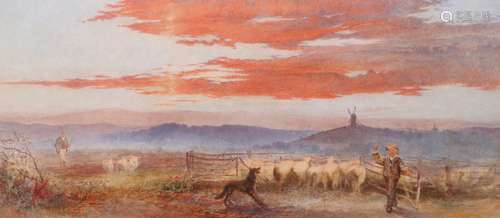 James Smetham (1821-1889)Gathering the flock at sunsetWatercolour over pencil with bodycolour21.5