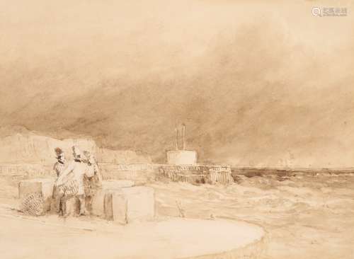 David Cox Snr. O.W.S. (1783-1859)Dover, quayside with figures in the foregroundSepia watercolour15 x