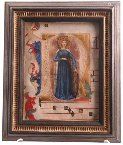 Italian School 14/15th CenturyHistoriated initial 'D' Depicting St. Catherine cut from an