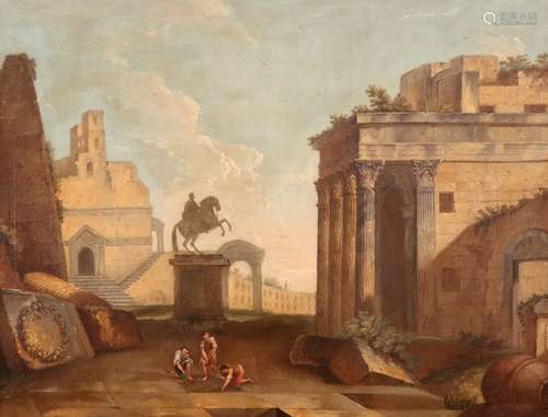 Italian School 18th CenturyCapriccios with figures working in the ruinsA pair, both oil on