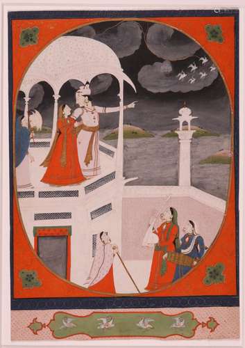 Pahari School early 19th CenturyRomantic couple on a balcony with musicians below, in a decorative