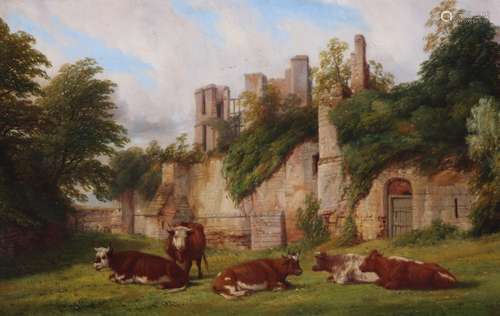 Thomas Baker of Leamington (British 1809-1869)A view of Kenilworth Castle with cows in the