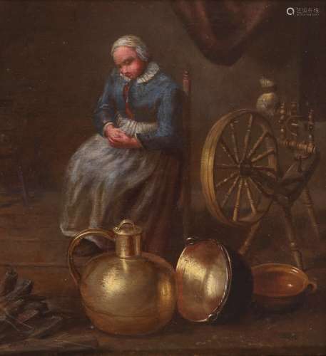 Dutch School 17th Century A woman sitting by a spinning wheel, with jugs and pots nearbyInitialled