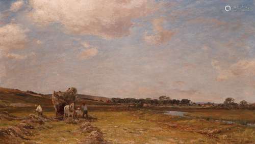 James Aumonier (1832-1922)Harvesters in an extensive landscapeSignedOil on canvas 69 x 119cm; 27 x