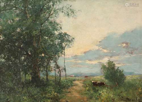 George Boyle (1842-1930)Cattle in a landscapeSignedOil on panel25 x 35.5cm; 9¾ x 14in++Panel stable,