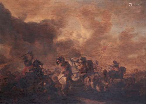 Manner of Philips WouwermanA battle scene Oil on panel34 x47cm; 13½ x 18½in