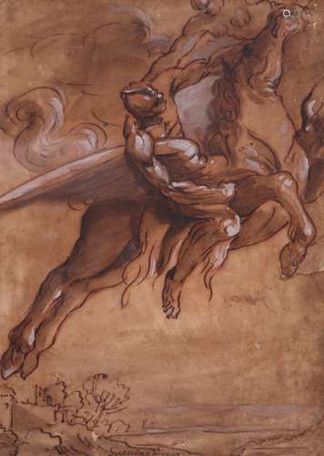 Follower of Giovanni Francesco Barbieri, il GuercinoBellerophon riding PegasusPen ink and sepia