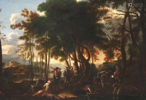 Continental School 18/19th Century Travellers in an Arcadian landscapeOil on canvas89 x 127cm; 35