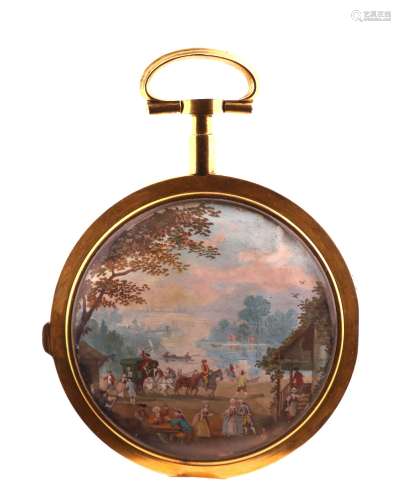 λ French School late 18th CenturyA busy scene by a lake with a horse and carriage and numerous
