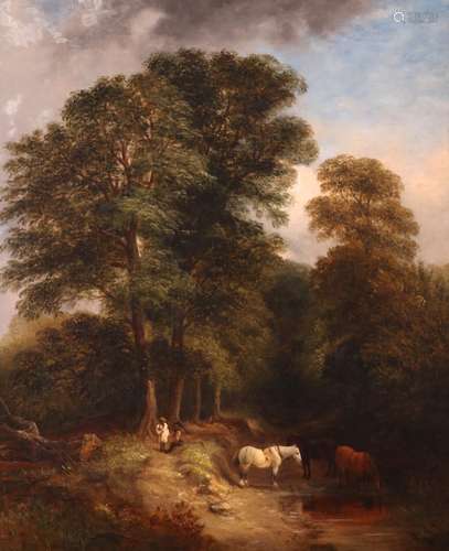 English School 19th CenturyFigures in a wooded landscape with horses wateringSigned and dated