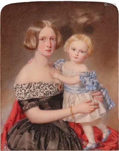 λ William Egley (1798-1870)Portrait miniature of Mrs Hay and her daughterIn a burr wood frame with