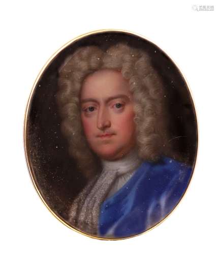 Christian Friedrich Zincke (German 1683-1767)A gentleman, bust length, in a full wig, blue coat