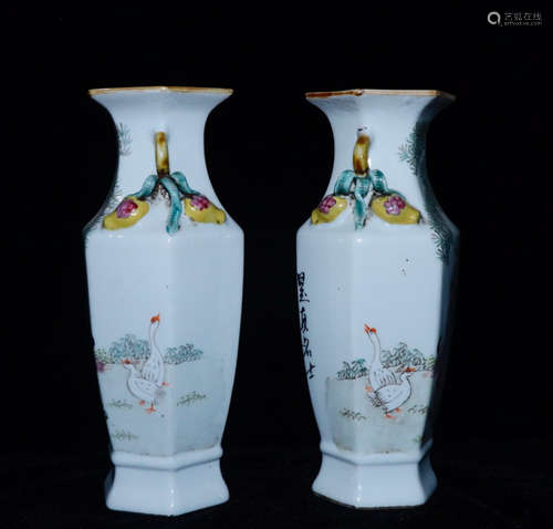 PAIR FAMILLE ROSE FIGURE PATTERN DOUBLE EAR VASE