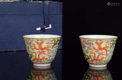 PAIR FAMILLE ROSE DRAGON PATTERN TEA CUPS