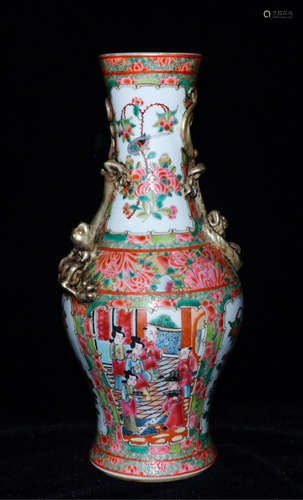 A FAMILLE ROSE CASTED CHARACTER PATTERN VASE