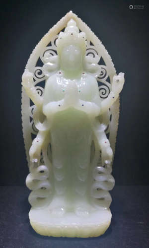 A HETIAN JADE CARVED MULTI ARMS GUANYIN BUDDHA