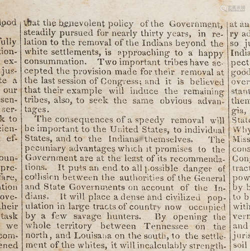 President's Message.   Washington: Tuesday, December 7, 1830. ANDREW JACKSON ANNOUNCES HIS INFAMOUS INDIAN REMOVAL POLICY.