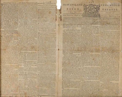 The Resolutions of Congress on Lord North's Conciliatory Proposal,  in The New-England Chronicle, or the Essex Gazette, Vol. 8, No. 371, August 31-September 7, 1775. JEFFERSON ON CONCILIATION PLUS MENTION OF LEXINGTON AND CONCORD. JEFFERSON, THOMAS. 1743-1826.