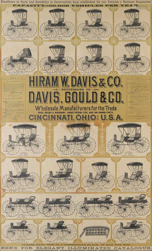 Excellence in Style, and Durability in Construction, have Established for Our Vehicles a National Reputation ... Hiram W. Davis & Co., Successors to Davis Gould & Co. [Cincinnati, OH: c.1886] CARRIAGE BROADSIDE.