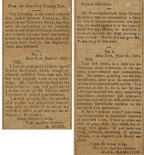 National Intelligencer, and Washington Advertiser, Vol IV, no DLXCII.   Washington City: Printed by Samuel Harrison Smith, July 23, 1804. BURR-HAMILTON DUEL REPORT: WASHINGTON'S NEPHEW'S COPY.