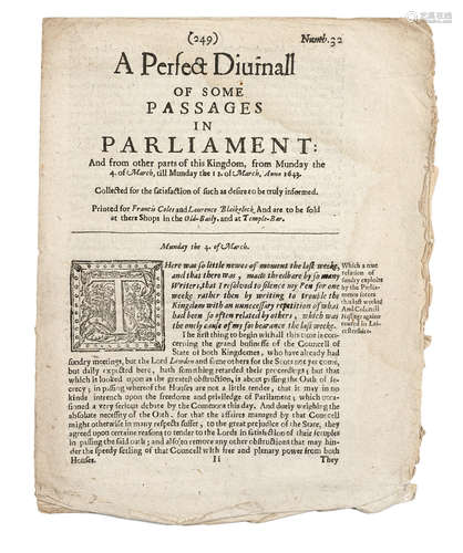 A Perfect Diurnall of Some Passages in Parliament ... from Munday, the 4 of March, till Munday the 11 of March, Anno 1643.  Numb. 32.   London: Francis Coles and Laurence Blaikelock, 1643. ENGLISH CIVIL WARS.