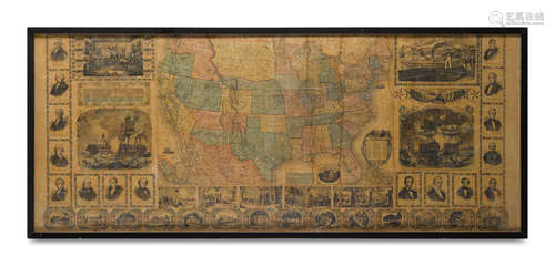 [Map of America with Historical Vignettes.] [N.P.: no publisher, 1860.] AN EXTRAORDINARILY LARGE MAP FEATURING A BEARDLESS LINCOLN.