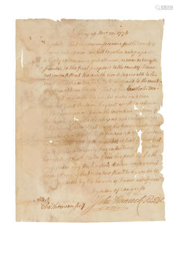 Autographed Congressional Resolution in the hand of Charles Thomson, signed 