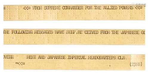 American Master-spool Ticker-tape, comprising 3 separate messages, two from the Japanese General Headquarters and one from HQ General MacArthur. Received by Manila HQ and Relayed to [Fort Shafter, Hawaii], August 16-17, 1945. Japanese Surrender negotiations, August 1945.