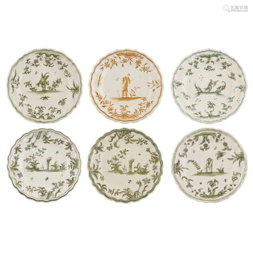 SIX FRENCH MONOCHROME FAIENCE PLATES, ATTRIBUTED TO MOUSTIERS18TH CENTURY with waved rims,