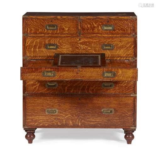 OAK AND BRASS BOUND CAMPAIGN SECRETAIRE CHEST19TH CENTURY the rectangular top over two short