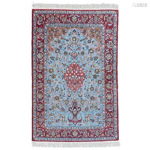 ISFAHAN PART SILK PRAYER RUGCENTRAL PERSIA, LATE 20TH CENTURY the light blue mihrab with red