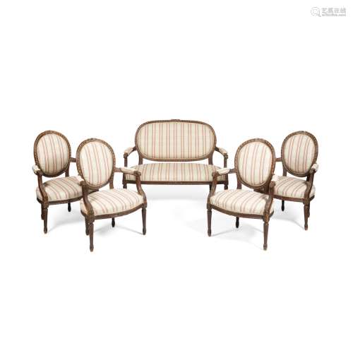 FRENCH FIVE PIECE STAINED BEECH SALON SUITE19TH CENTURY in the Louis XVI style, comprising a