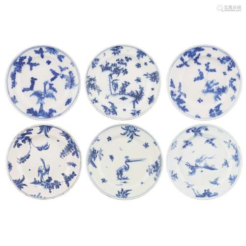 SIX FRENCH BLUE AND WHITE FAIENCE PLATES18TH CENTURY of slightly varying sizes, with foliate borders
