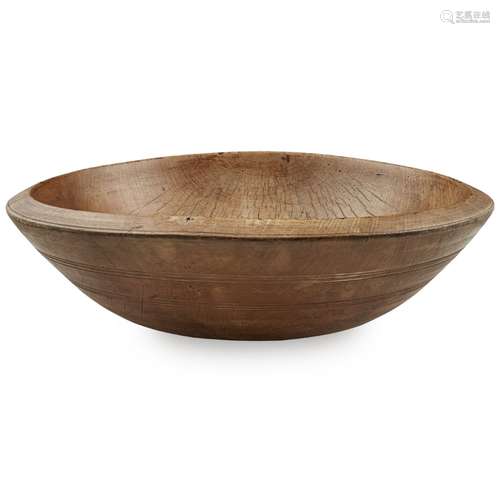 LARGE FRUITWOOD BOWL19TH CENTURY with carved bands to the exterior57.5cm diameter