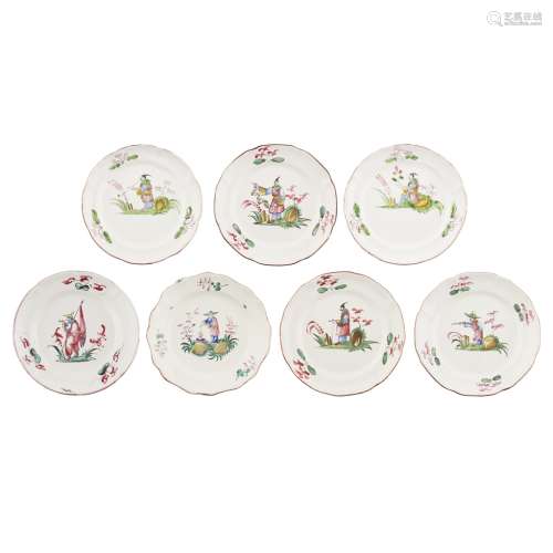 SEVEN FRENCH FAIENCE PLATES, ATTRIBUTED TO LES ISLETTESEARLY 19TH CENTURY of various sizes, with