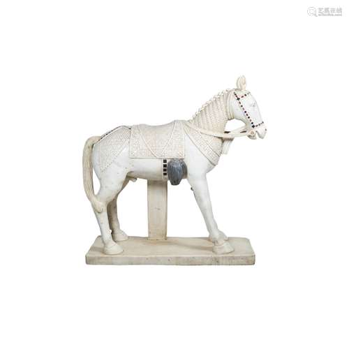 INDIAN MUGHAL-STYLE MARBLE AND HARDSTONE INLAID HORSEstanding four square with a braided mane,