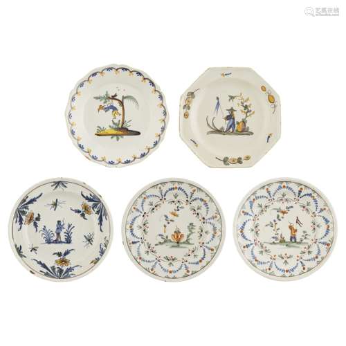 FIVE FRENCH POLYCHROME FAIENCE PLATES18TH CENTURY in yellow, puce, green, blue and orange enamels,