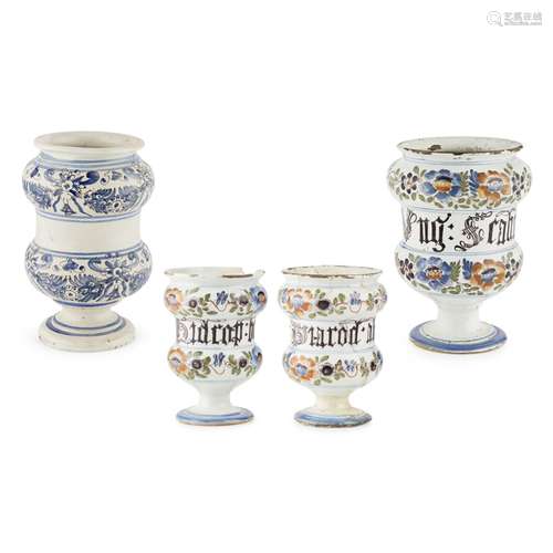 GROUP OF FOUR ITALIAN MAIOLICA DRUG JARS (ALBARELLI)18TH CENTURY of dumb-bell form, comprising a