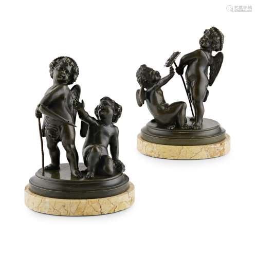 PAIR OF BRONZE FIGURE GROUPS EMBLEMATIC OF SUMMER AND AUTUMN19TH CENTURY dark brown patina, each