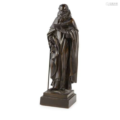 CONTINENTAL BRONZE FIGURE OF SAINT ANTHONY OF EGYPT19TH CENTURY dark brown patina, on a square