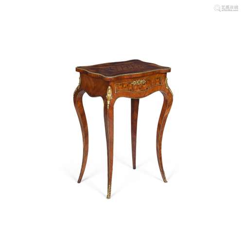 FRENCH KINGWOOD, PARQUETRY, AND GILT METAL MOUNTED WORK TABLE19TH CENTURY the shaped rectangular