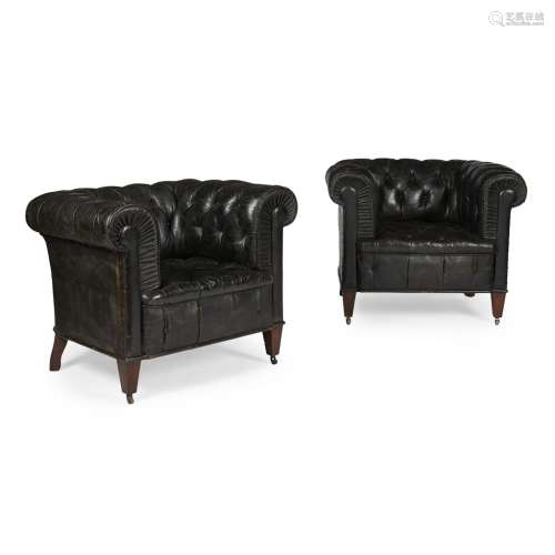 PAIR OF VICTORIAN LEATHER BUTTON BACK TUB CHAIRSLATE 19TH CENTURY of cubic form, in black button-
