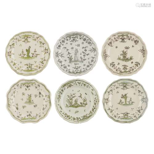 SIX GREEN GLAZED FRENCH FAIENCE PLATES18TH/ EARLY 19TH CENTURY with waved rims enclosing Chinese