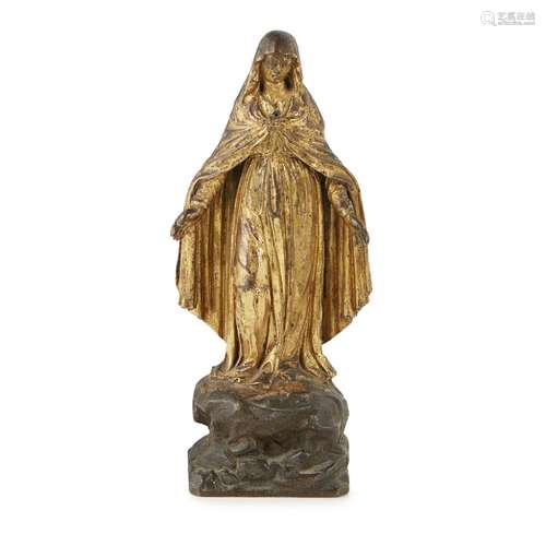 CONTINENTAL GILT BRONZE FIGURE OF THE MADONNACIRCA 1550 depicted with arms spread and raised on a