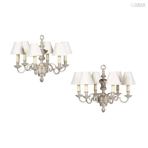PAIR OF SILVERED METAL SIX BRANCH CHANDELIERSEARLY 20TH CENTURY in the Dutch baroque style, the