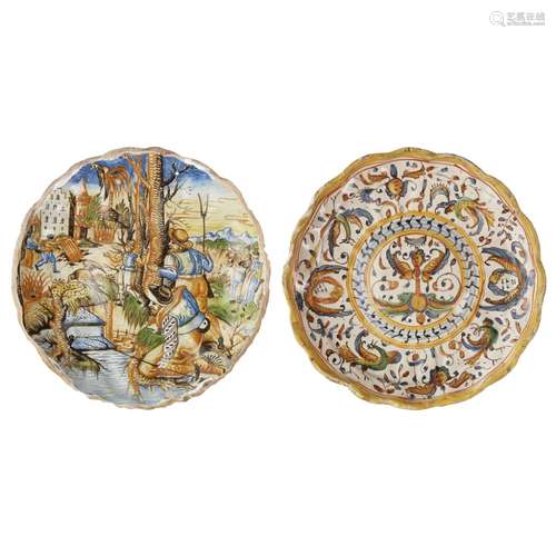 TWO ITALIAN POLYCHROME MAIOLICA DISHES17TH CENTURY comprising a footed dish, Deruta, with wavy