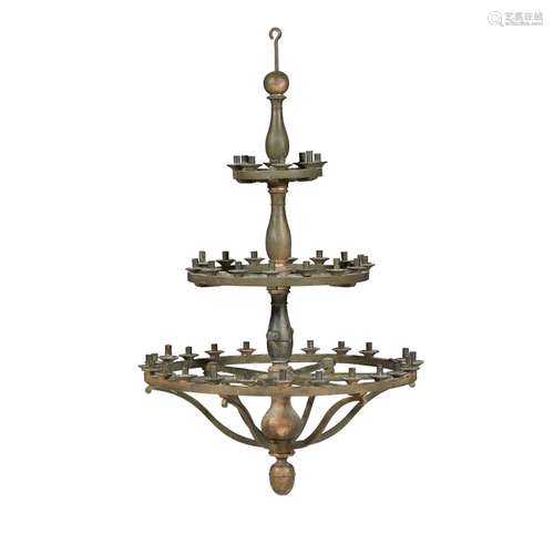 LARGE PAINTED AND PARCEL GILT WOOD AND TOLE CHANDELIERthe turned baluster central column with